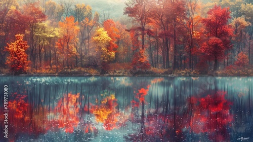 Autumnal forest reflected in tranquil lake with a palette of warm hues. Created with Generative AI.