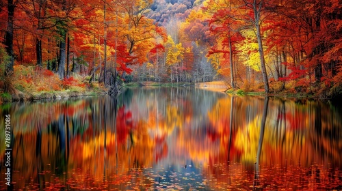 Vibrant autumn leaves reflect in the tranquil waters of a serene forest lake. Created with Generative AI.