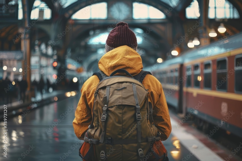 solo young male traveler with backpack waiting for train at railway station wanderlust concept - obrazy, fototapety, plakaty 