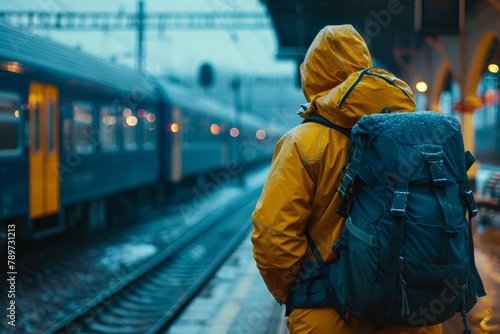 solo young male traveler with backpack waiting for train at railway station wanderlust concept