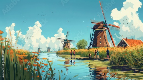 Illustration of people traveling and having fun in Windmills in Kinderdijk Dutch, Generative AI photo