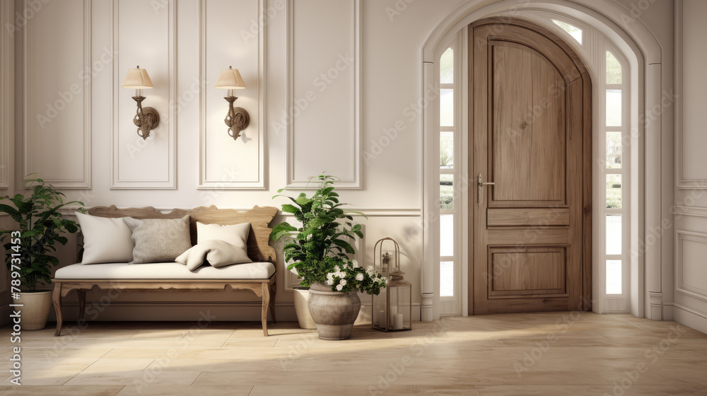 Interior design of classic white entrance hall with door and rustic wooden decorative pieces. Generative AI Interior design of classic white entrance hall with door and rustic wooden decorative pieces. Generative AI