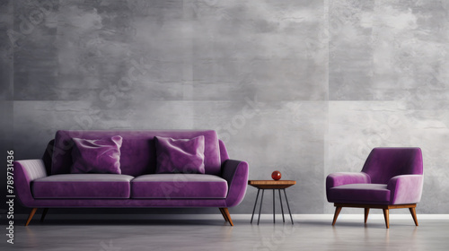 Purple sofa and armchair against of concrete wall with copy space. Interior design of modern minimalist living room. Generative AI
