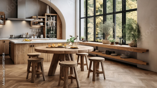 Modern interior design of rustic kitchen with island. Solid wood round dining table and stool near it. Generative AI