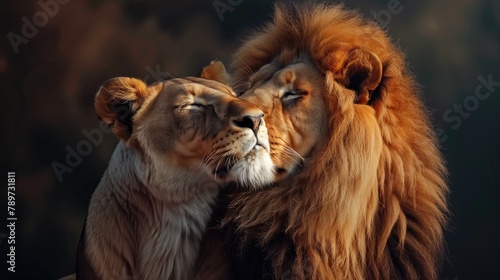 Lion and lioness in mood for love close up. Lion couple face to face © Katsiaryna