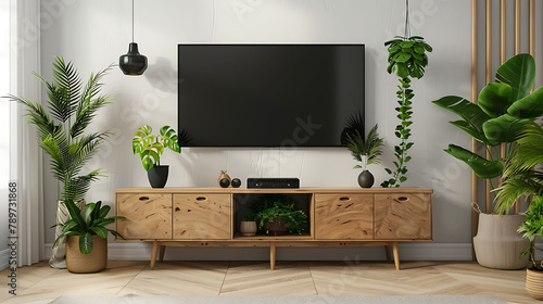 Mockup a TV wall mounted with decoration in living room and white wall3d rendering photo