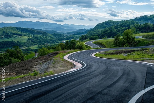 straight asphalt driveway winding through a scenic mountain landscape perfect for motorsport racing circuit