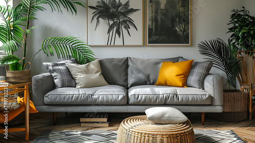 Modern boho interior of living room at cozy apartment with gray sofa, honey yellow pillows and plaid, mock up paintings, rattan basket and design personal accessories, Stylish home decor, Template photo