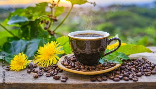 cup of Kopi Luwak coffee sits on a wooden table, surrounded by coffee beans, leaves, and dandelion coffee. The aromatic Kona coffee fills the room with its rich scent