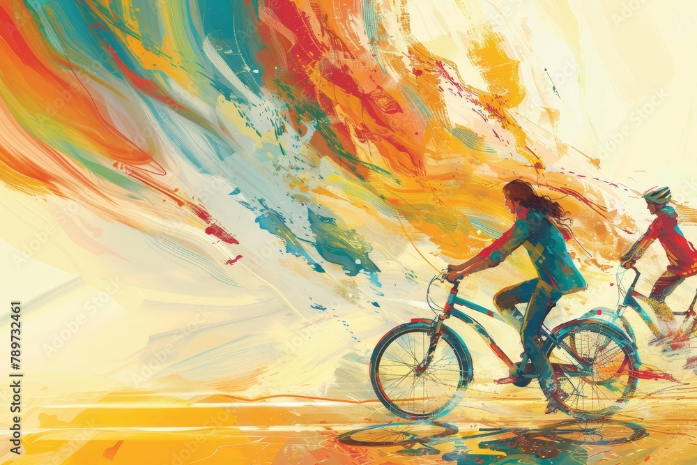 Fototapeta premium two young people riding bicycles, modern abstract graphic art, warm colors