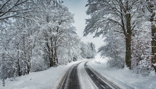 Snowy road with trees and snow on both sides © Nicolas