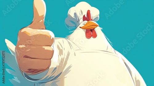 An animated white chicken decked out in a chef s hat flashing a thumbs up gesture photo
