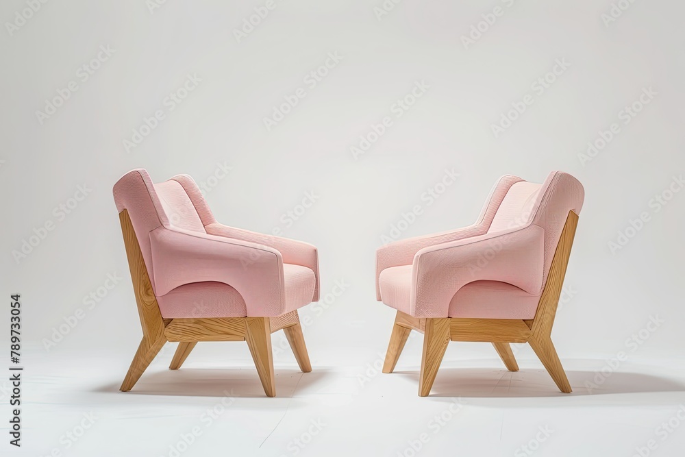 Fototapeta premium Two Pink Modern Wooden Chair Face To Face Isolated On White Background 