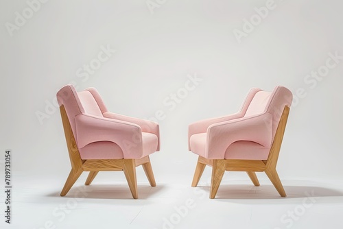 Two Pink Modern Wooden Chair Face To Face Isolated On White Background 