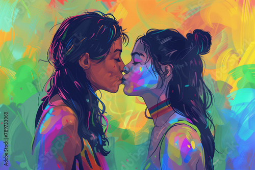 Lesbian couple giving each other a kiss on an artistic rainbow colored background, capturing the essence of pride, gay, and lgbt inclusivity in their embrace