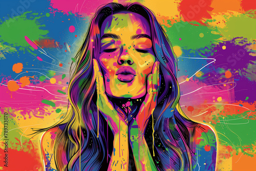 Woman blowing a kiss on a background of gay pride colors, embodying love and happiness in an artistic, rainbow-filled scene