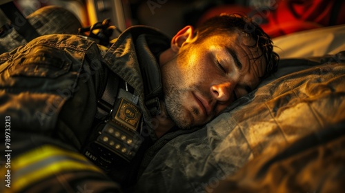 A firefighter sleeps in his bunk at the station surrounded by the sounds of his colleagues. His face is peaceful and his body completely relaxed a reminder that even those with highstress .