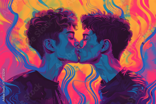 Gay couple having a kiss on an artistic rainbow colored background, symbolizing pride, love, and lgbt unity