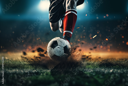 A soccer player dribbling and kicking a ball on a field photo