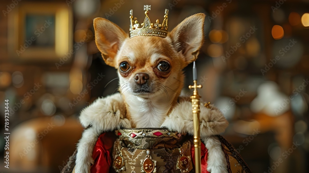 Regal Chihuahua: A Tiny Monarch in Lavish Garb. Concept Fashionable Pets, Royal Attire, Chihuahua Photoshoot, Lavish Accessories, Majestic Pooch