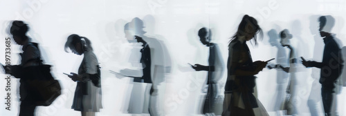 a long exposure photograph of multiple people looking at their smartphones, motion blur