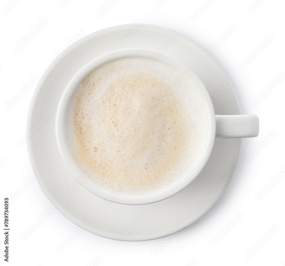 Cup of aromatic coffee isolated on white, top view Cup of aromatic coffee isolated on white, top view