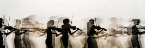a long exposure photograph of multiple people orchestra musicians, motion blur photo