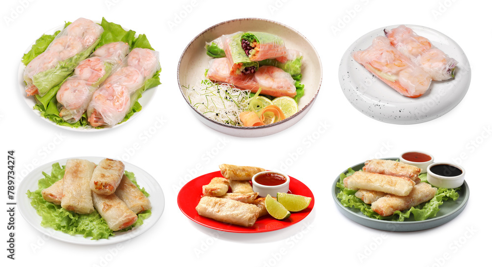 Delicious spring rolls isolated on white, set Delicious spring rolls isolated on white, set