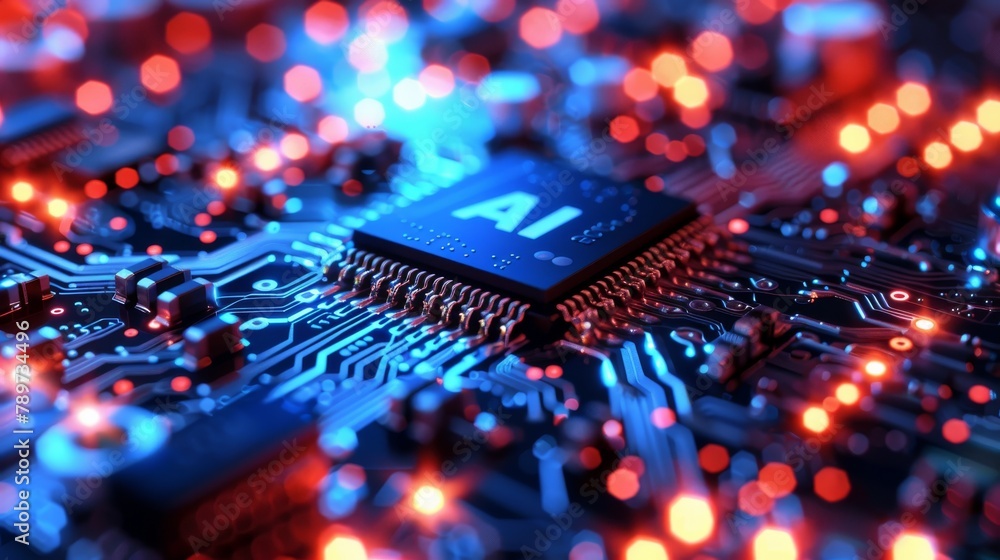 High-definition image showcasing an intricate AI microchip on a circuit board, signifying smart technology High-definition image showcasing an intricate AI microchip on a circuit board, signifying smart technology