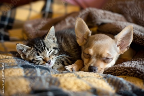 Captured in a serene moment  this kitten and Chihuahua nap together on a vibrant  textured blanket  symbolizing innocent companionship