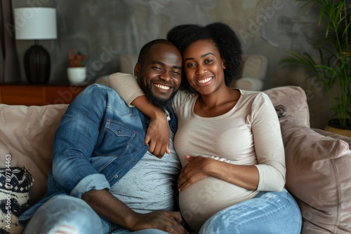 A cheerful pregnant woman and her partner are sitting on a sofa, embracing and smiling at the camera