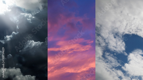 Different weather conditions  banner design. Collage with photos of sky