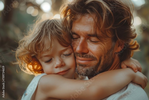 A candid portrait captures a European father embracing his curly-haired toddler with affection