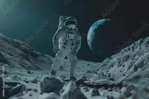 Astronaut walking on a moon-like surface with a detailed spacesuit and Earth visible in the backdrop