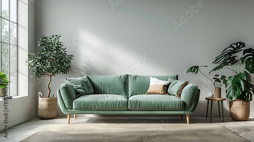 Modern living room mockup with mint green sofa, armchair and luxury living room interior background3d rendering, realistic interior design photography photo