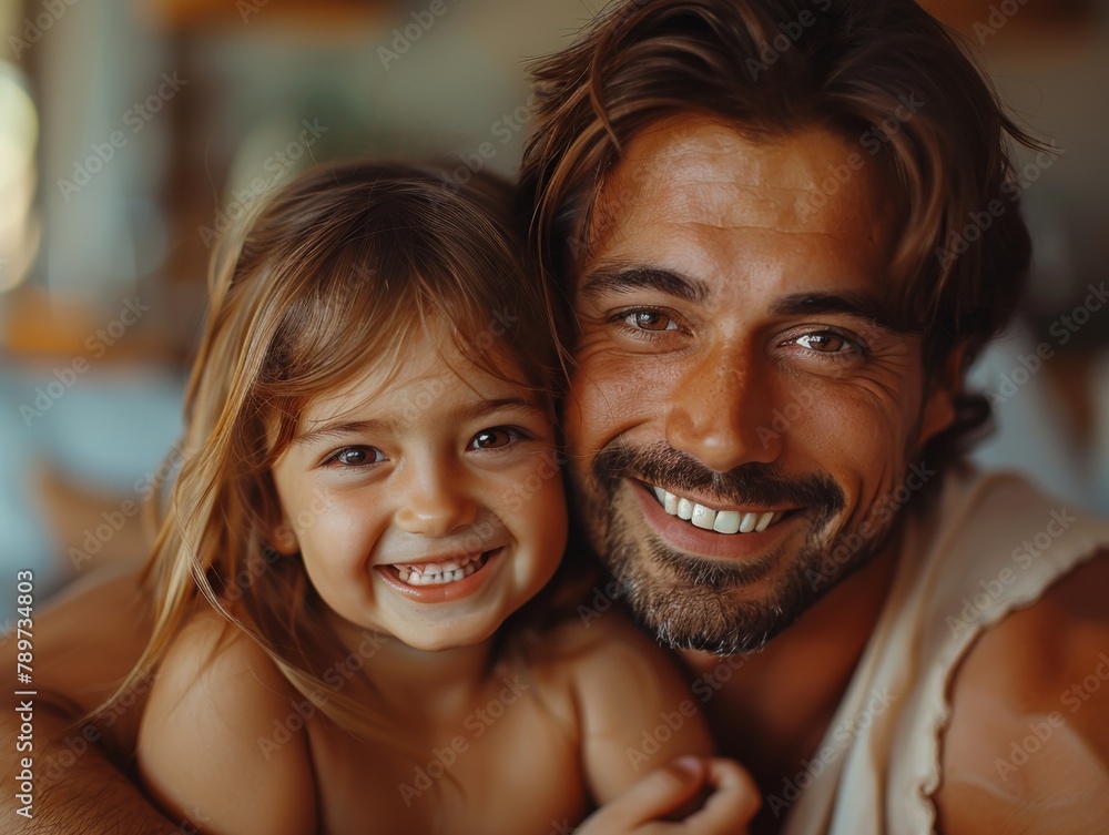 An endearing image of a father hugging his young daughter, both smiling with genuine happiness An endearing image of a father hugging his young daughter, both smiling with genuine happiness