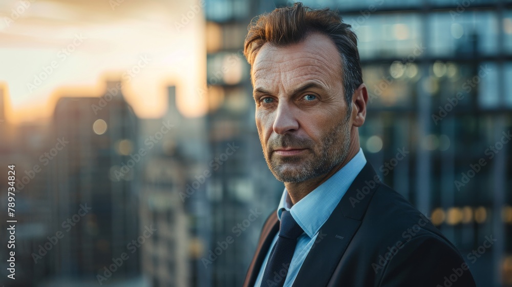 Intense male executive with a focused look in front of a blurred cityscape at sunset Intense male executive with a focused look in front of a blurred cityscape at sunset