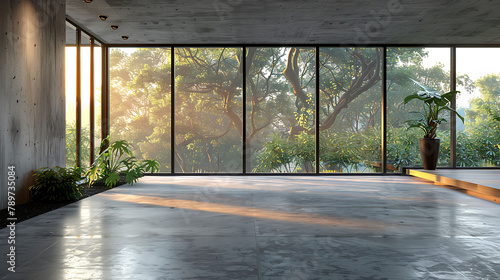 Modern loft style empty space interior 3d render,There are polished concrete floor ,wall and ceiling,There are large window look out to see the nature view,sunlight shining into the room photo