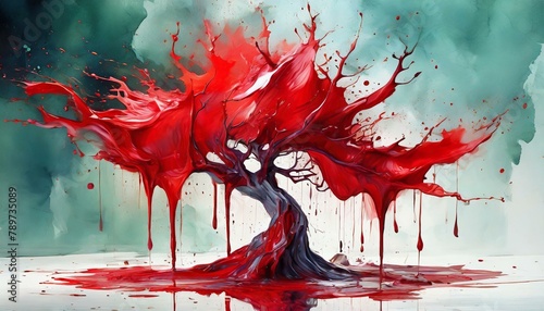 vibrant splash of red liquid creates art on a white surface, resembling a painting of a fictional character. The illustration captures the essence of a tree in a visually captivating event