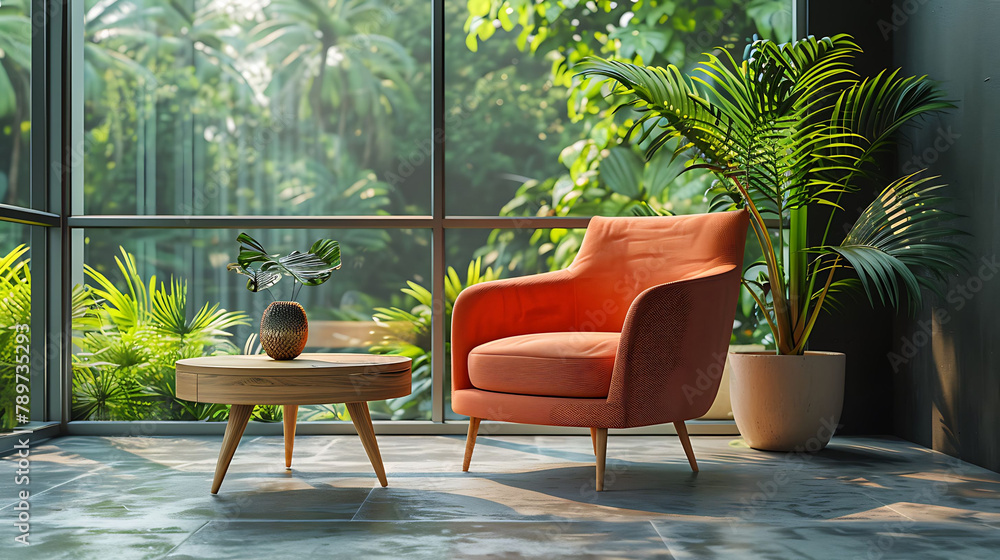 Modern mid century and minimalist interior of living room ,Living coral decor concept,vintage coral armchair with wood table on concrete floor ,3d render, realistic interior design photography