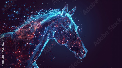Empty low poly style horse with luminous lines and dots. AI generated