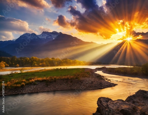 vibrant sunset scene with mountains and river and sun rays