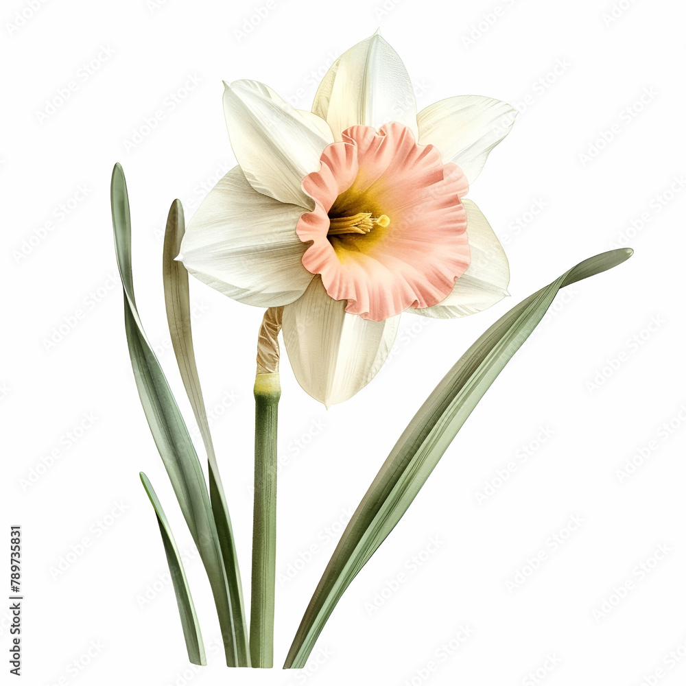 Light pink daffodil, single stem, watercolor Clipart, white background