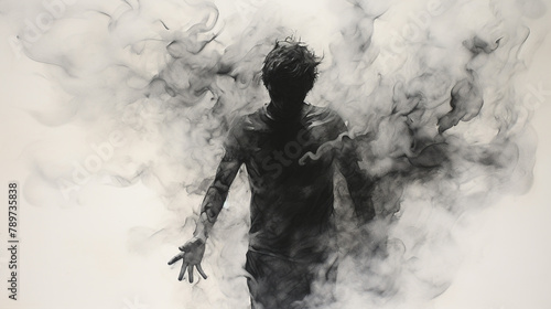 a black and white drawing of a man in a smoke