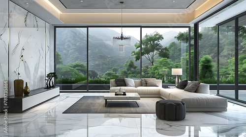Modern style luxury white living room with garden view 3d render There are gray marble tile wall and floor decorate with glass chandelier overlooking nature view background