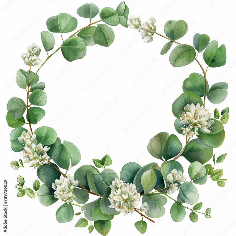 eucalyptus branch wreath with small white clover flowers, watercolour clipart, white background