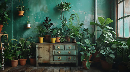 Nice and retro space of home interior with vintage cupboard with elegant gold accessories, a lot of plants in stylish pots, Cozy home decor, Minimalistic concept, Home garden, Copy space, Template © Wardx