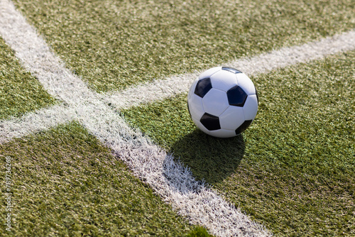 A soccer ball rests on green artificial turf at the field's white boundary line, on field outdoors, 