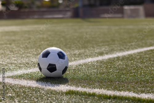 A soccer ball resting on green artificial turf near white line on field outdoors, copy space