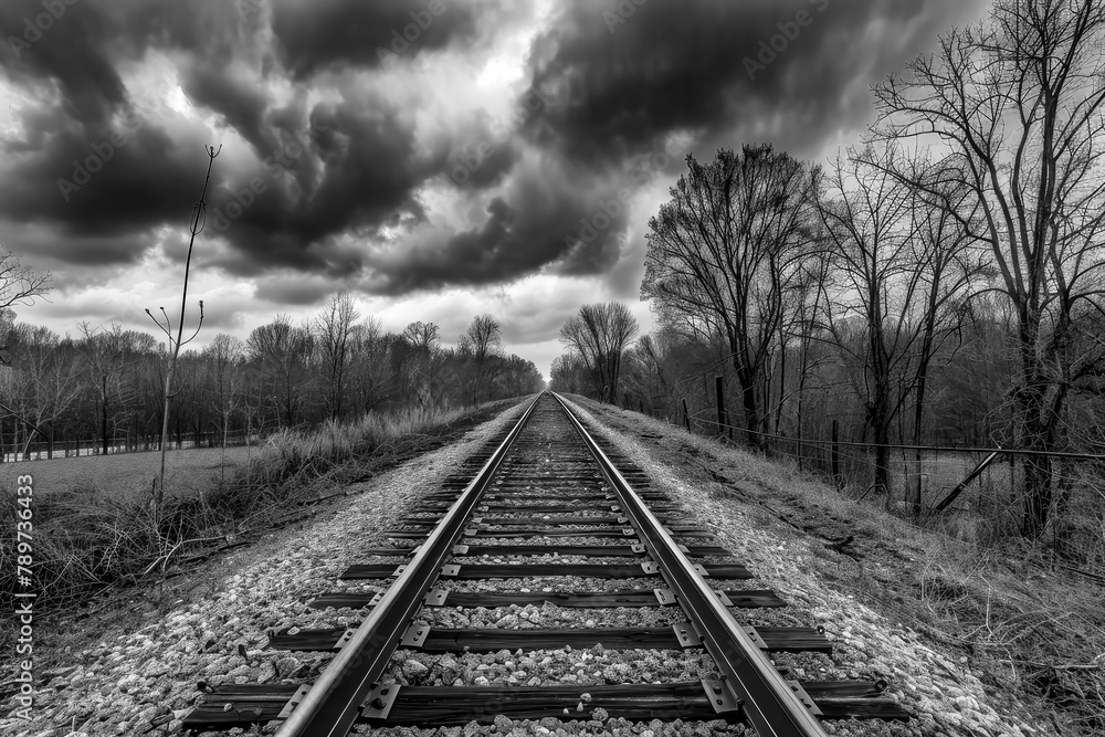 Black and white railroad tracks vanishing into the horizon, stormy clouds moody outdoor landscape